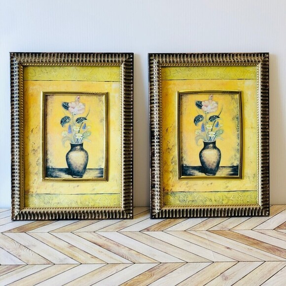 Set of 2 Rustic Country Flowers In A Vase Framed Artwork - Picture 1 of 2